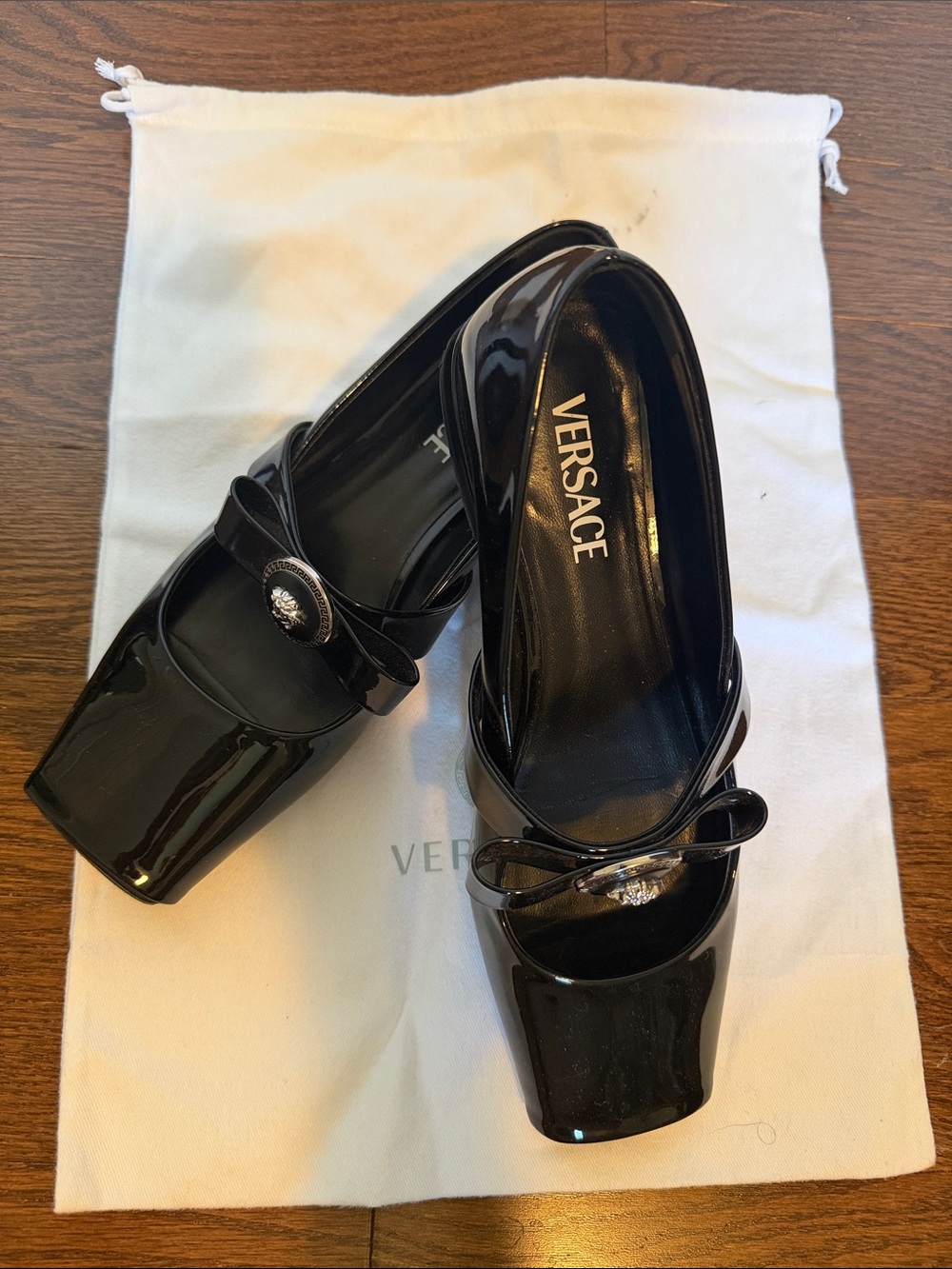 Versace Black Patent Leather Mary Jane Flats with Medusa Buckle